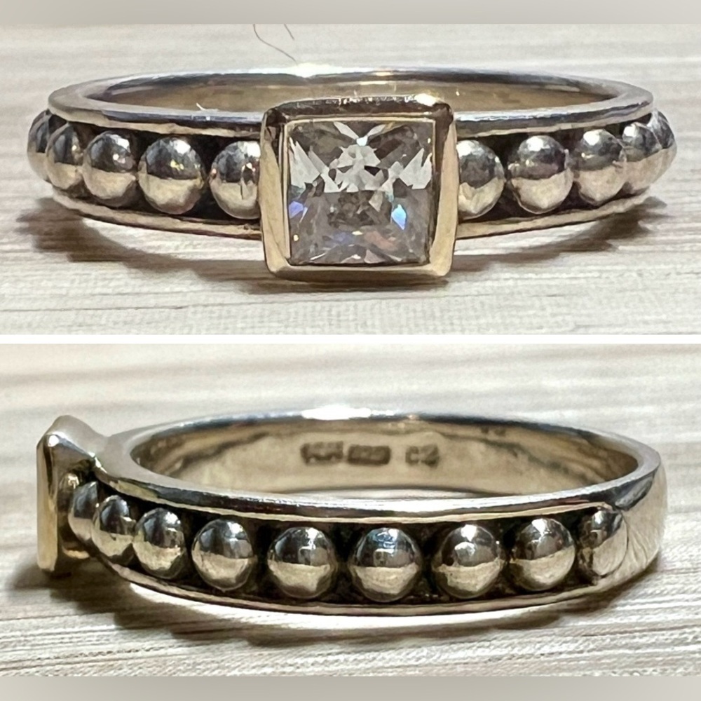 Designer ATR Sterling Silver & 14K Gold CZ Pebbled Band Ring, Size 6.75, 2g